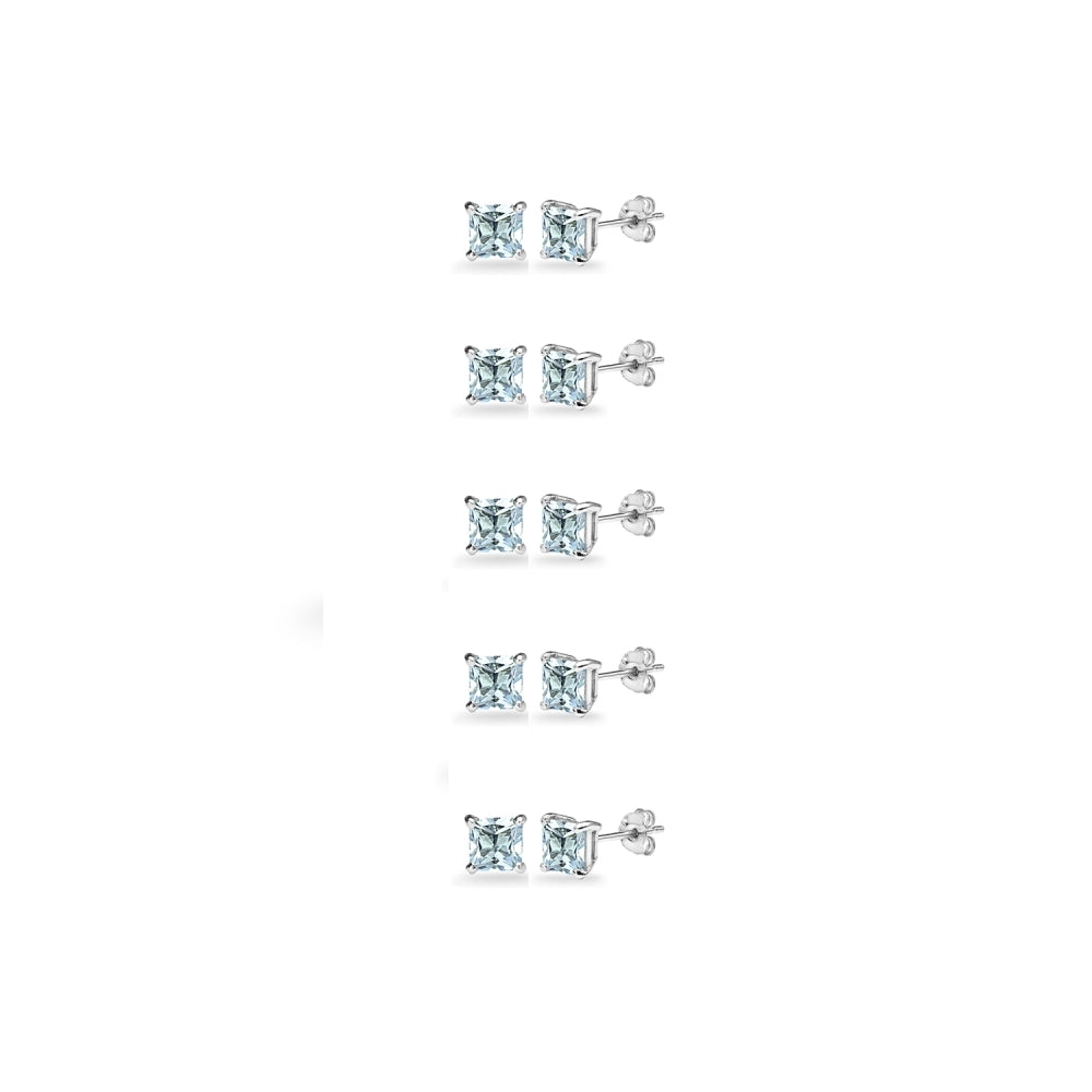5-Pair Set Sterling Silver Blue Topaz Princess-Cut 3mm Square Stud Earrings