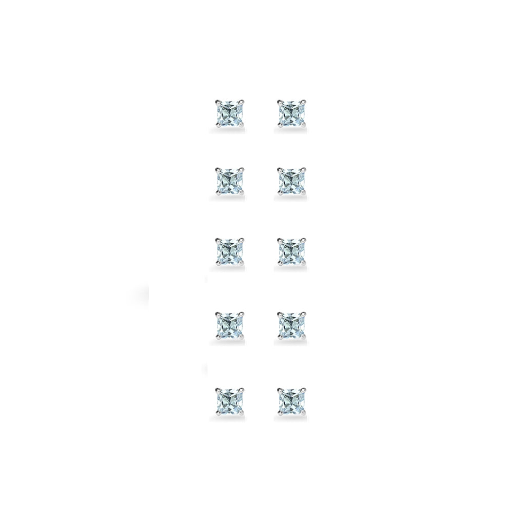 5-Pair Set Sterling Silver Blue Topaz Princess-Cut 3mm Square Stud Earrings-2