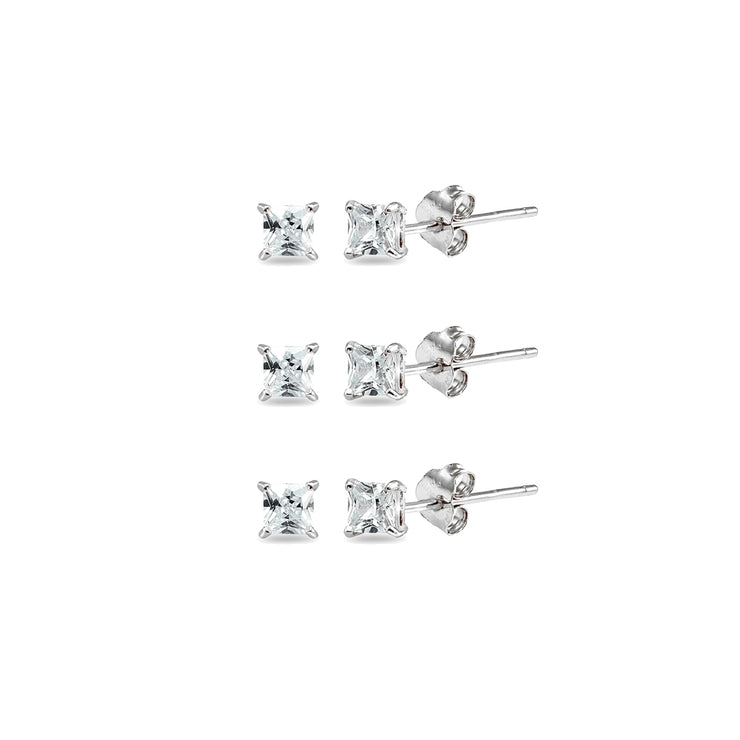 3-Pair Set Sterling Silver Cubic Zirconia Princess-Cut 4mm Square Stud Earrings