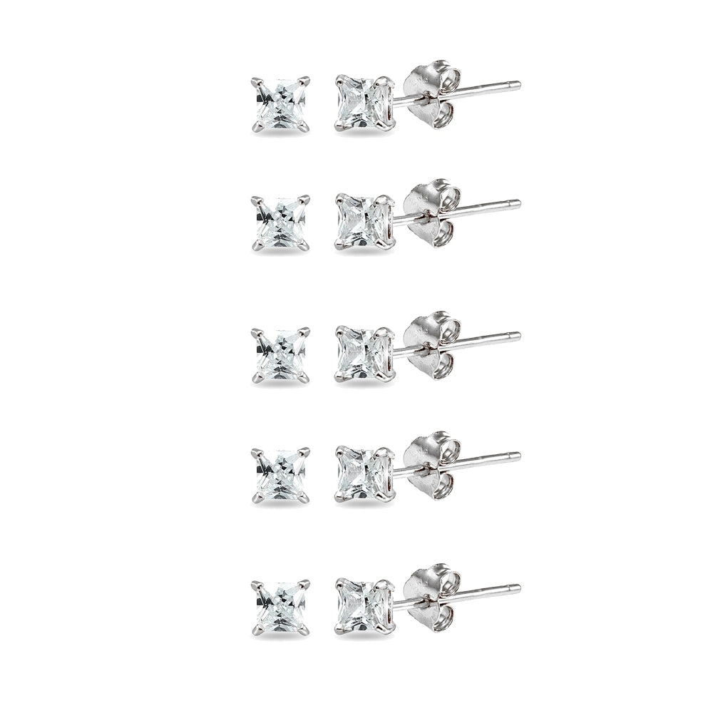 5-Pair Set Sterling Silver Cubic Zirconia Princess-Cut 4mm Square Stud Earrings