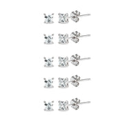 5-Pair Set Sterling Silver Cubic Zirconia Princess-Cut 4mm Square Stud Earrings