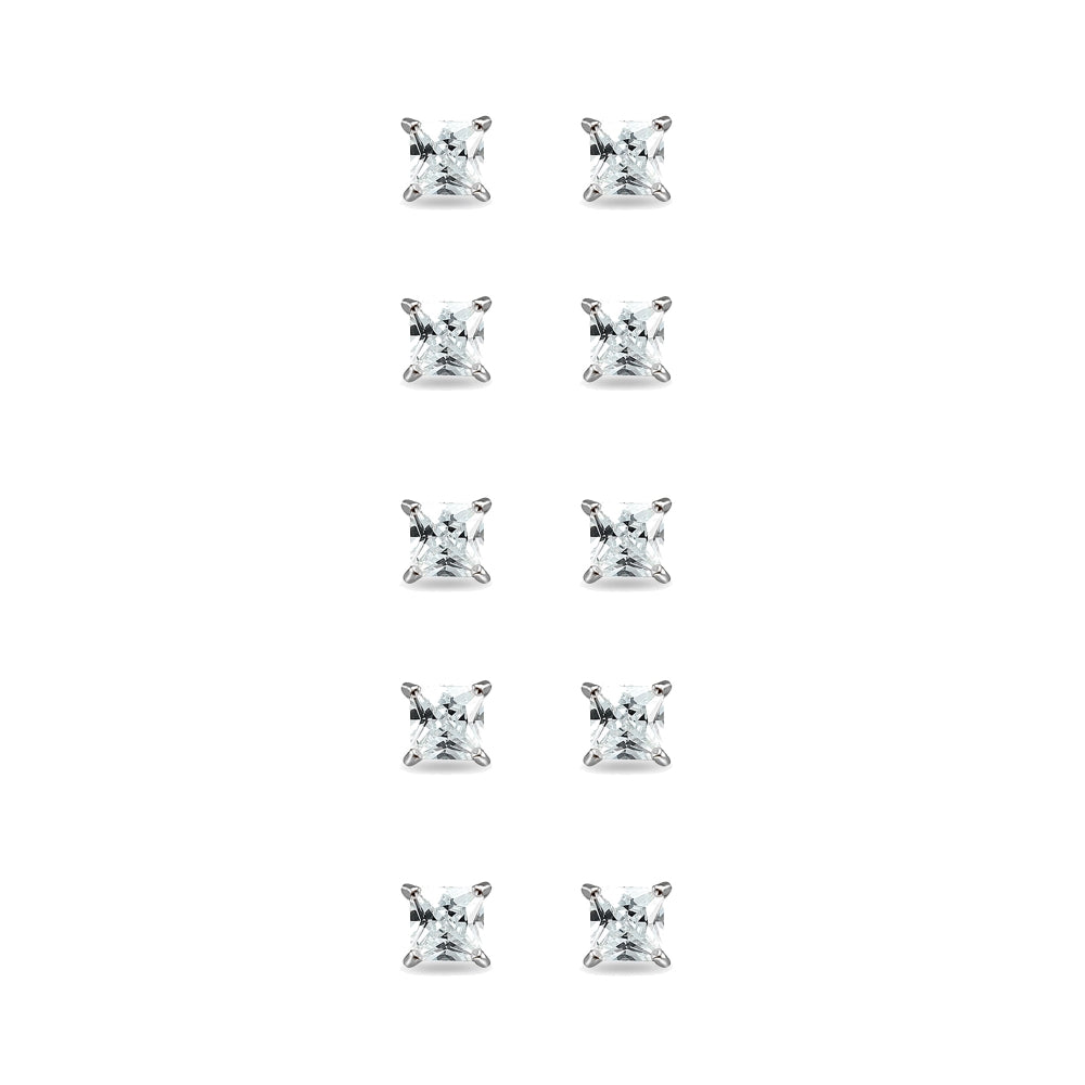 5-Pair Set Sterling Silver Cubic Zirconia Princess-Cut 4mm Square Stud Earrings-2