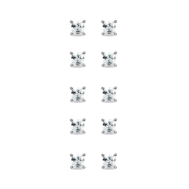 5-Pair Set Sterling Silver Cubic Zirconia Princess-Cut 4mm Square Stud Earrings