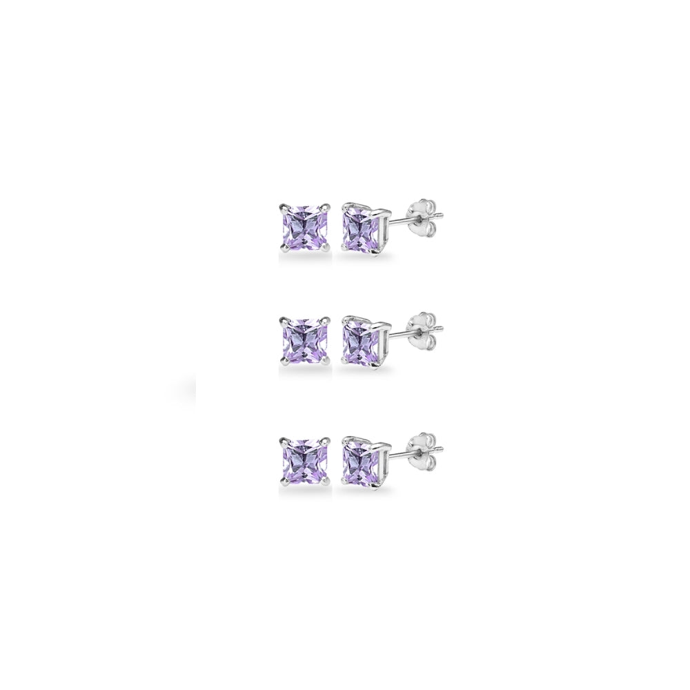 3-Pair Set Sterling Silver Amethyst Princess-Cut 4mm Square Stud Earrings