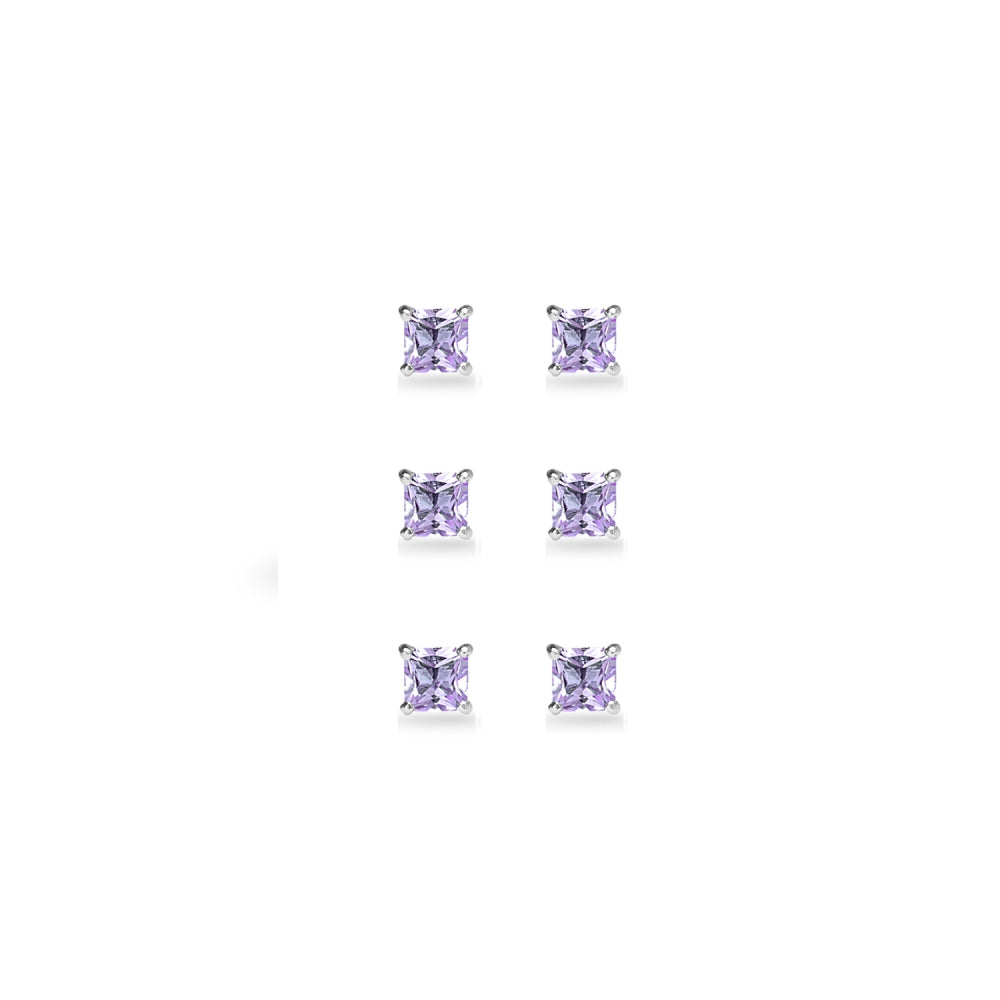 3-Pair Set Sterling Silver Amethyst Princess-Cut 4mm Square Stud Earrings-2