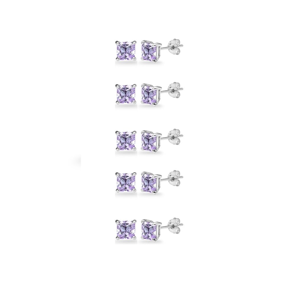5-Pair Set Sterling Silver Amethyst Princess-Cut 4mm Square Stud Earrings