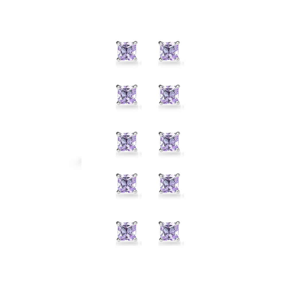 5-Pair Set Sterling Silver Amethyst Princess-Cut 4mm Square Stud Earrings-2