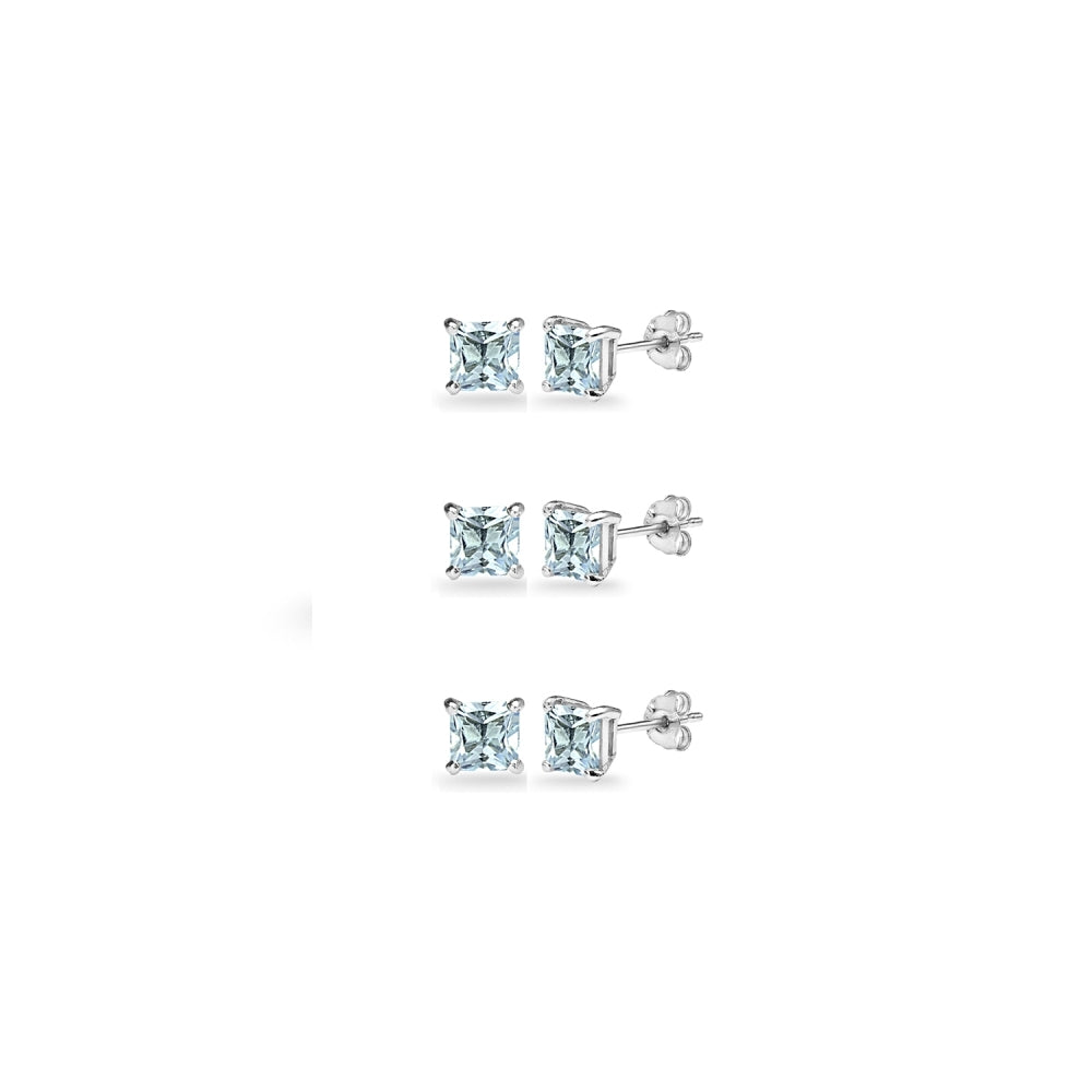 3-Pair Set Sterling Silver Blue Topaz Princess-Cut 4mm Square Stud Earrings