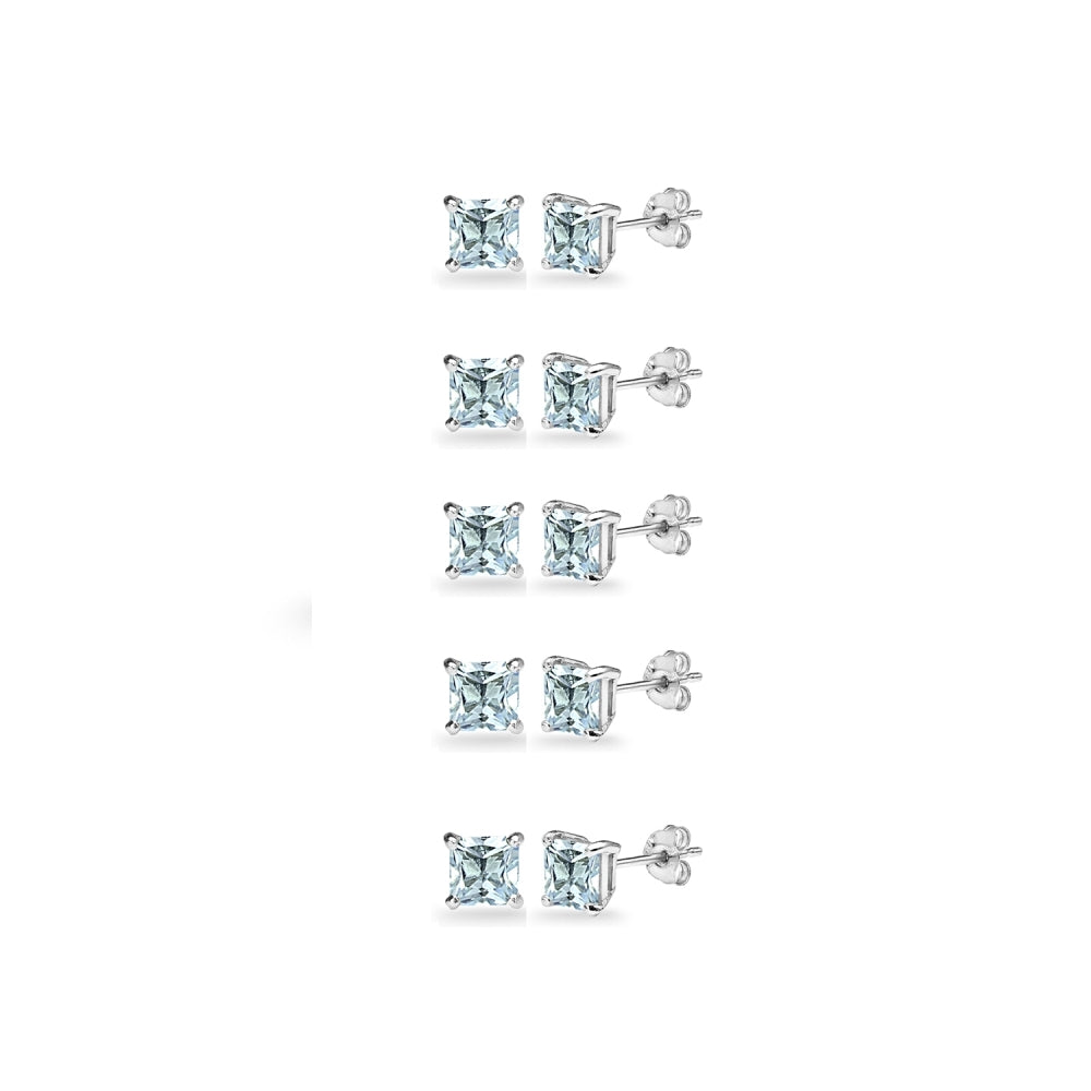 5-Pair Set Sterling Silver Blue Topaz Princess-Cut 4mm Square Stud Earrings