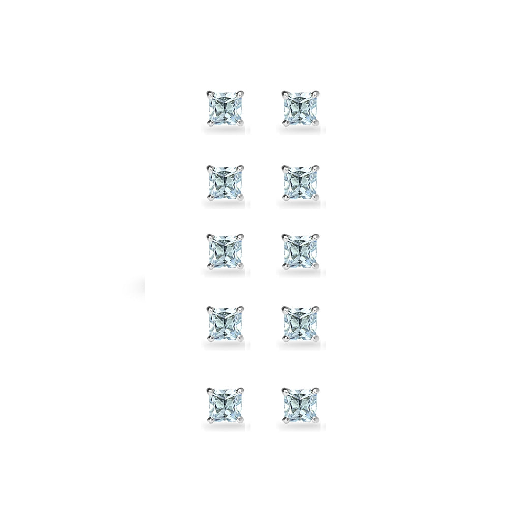 5-Pair Set Sterling Silver Blue Topaz Princess-Cut 4mm Square Stud Earrings-2