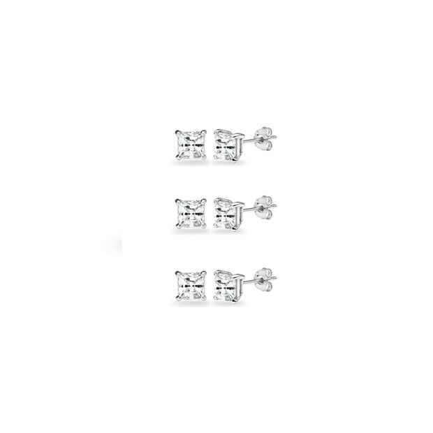 3-Pair Set Sterling Silver White Topaz Princess-Cut 4mm Square Stud Earrings