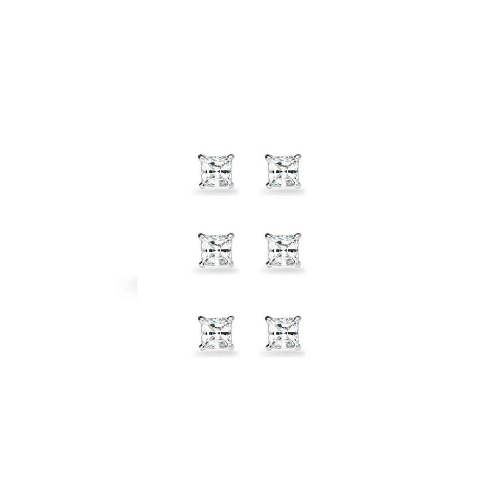 3-Pair Set Sterling Silver White Topaz Princess-Cut 4mm Square Stud Earrings-2