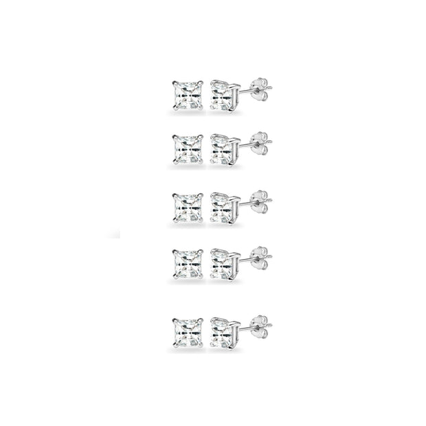 5-Pair Set Sterling Silver White Topaz Princess-Cut 4mm Square Stud Earrings