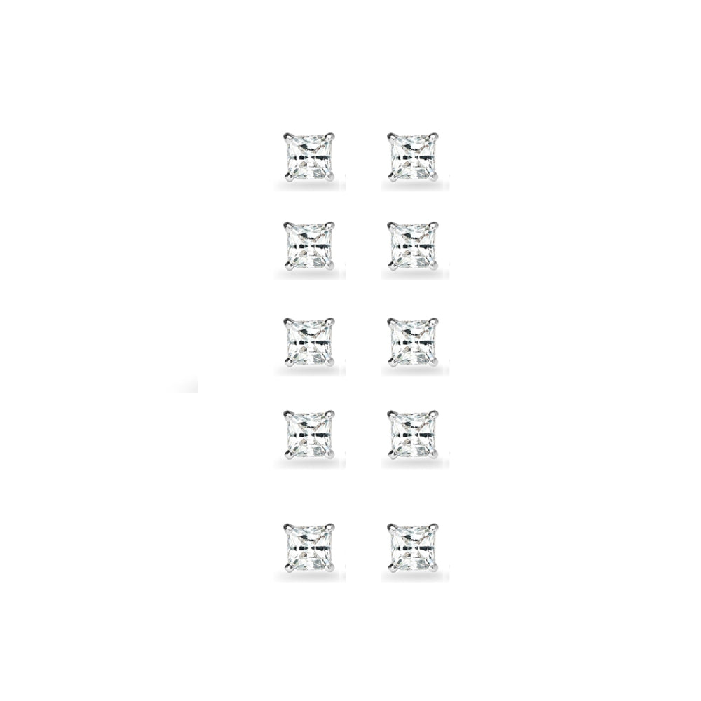 5-Pair Set Sterling Silver White Topaz Princess-Cut 4mm Square Stud Earrings-2