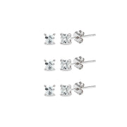 3-Pair Set Sterling Silver Cubic Zirconia Princess-Cut 5mm Square Stud Earrings