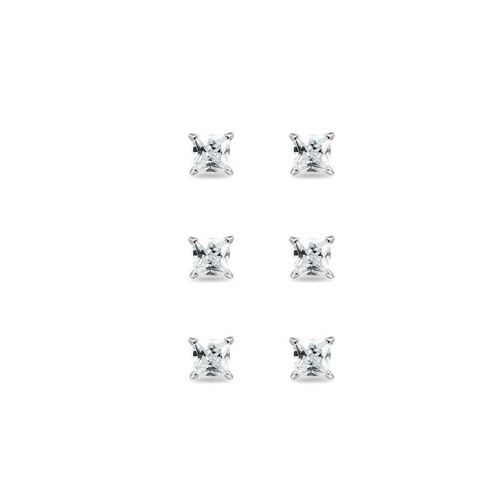 3-Pair Set Sterling Silver Cubic Zirconia Princess-Cut 5mm Square Stud Earrings-2