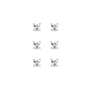 3-Pair Set Sterling Silver Cubic Zirconia Princess-Cut 5mm Square Stud Earrings