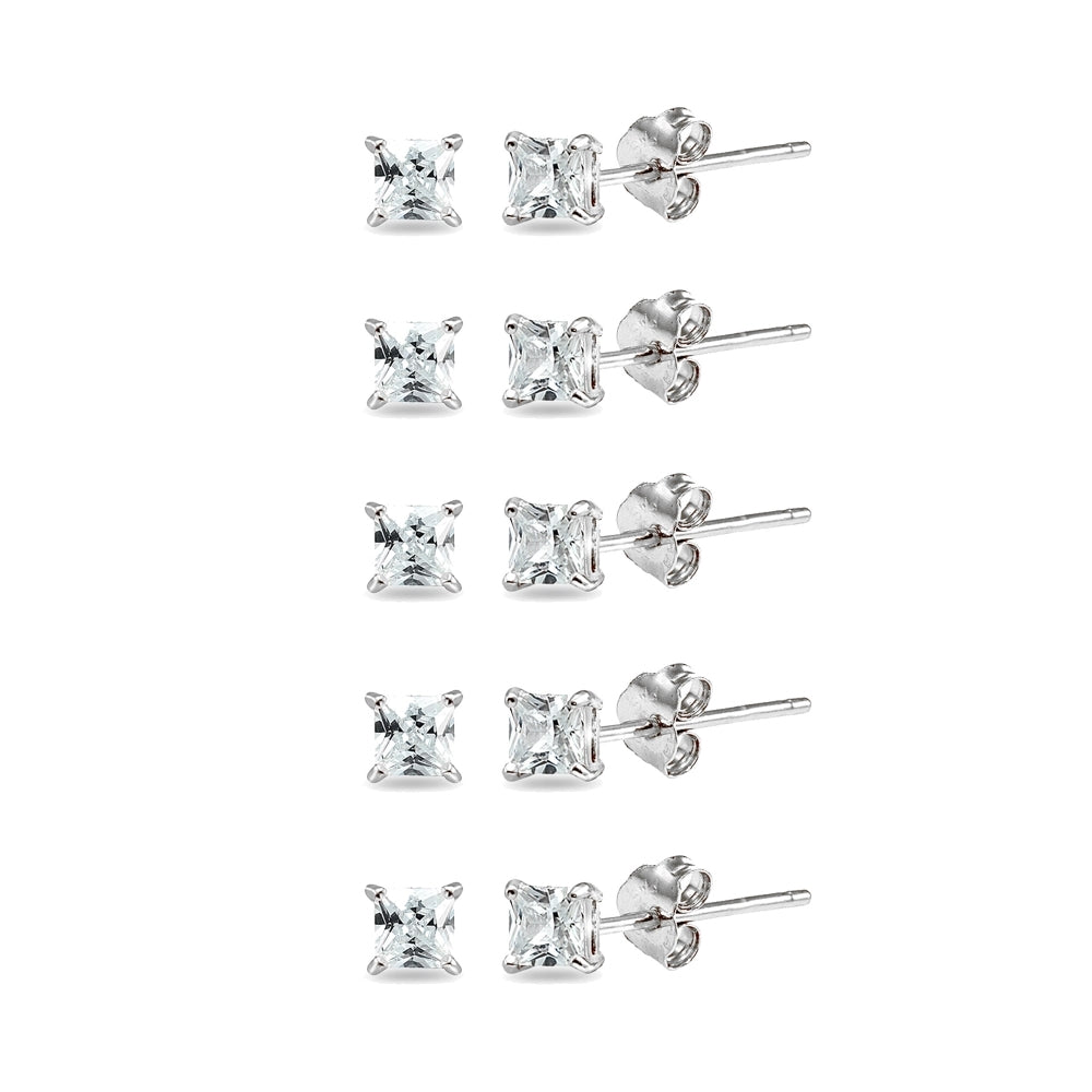 5-Pair Set Sterling Silver Cubic Zirconia Princess-Cut 5mm Square Stud Earrings