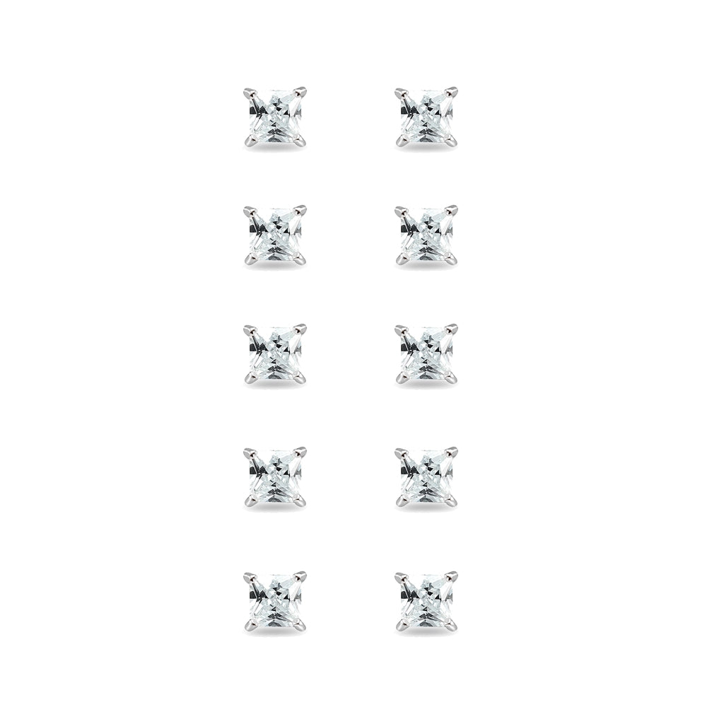 5-Pair Set Sterling Silver Cubic Zirconia Princess-Cut 5mm Square Stud Earrings-2