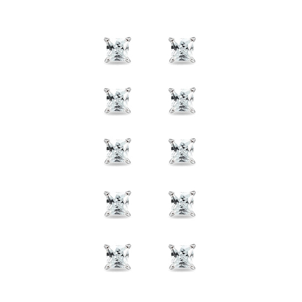 5-Pair Set Sterling Silver Cubic Zirconia Princess-Cut 5mm Square Stud Earrings