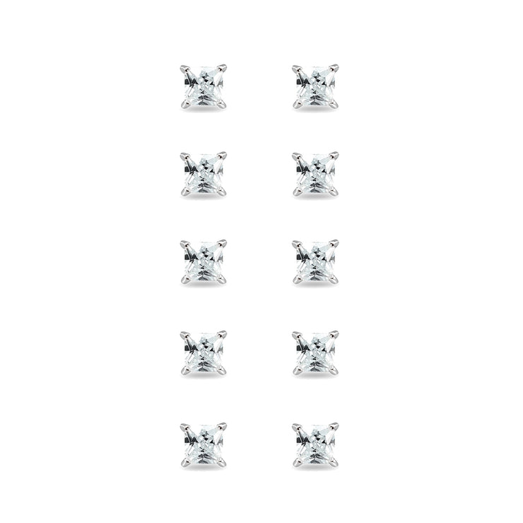 5-Pair Set Sterling Silver Cubic Zirconia Princess-Cut 5mm Square Stud Earrings