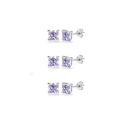3-Pair Set Sterling Silver Amethyst Princess-Cut 5mm Square Stud Earrings