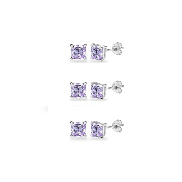 3-Pair Set Sterling Silver Amethyst Princess-Cut 5mm Square Stud Earrings