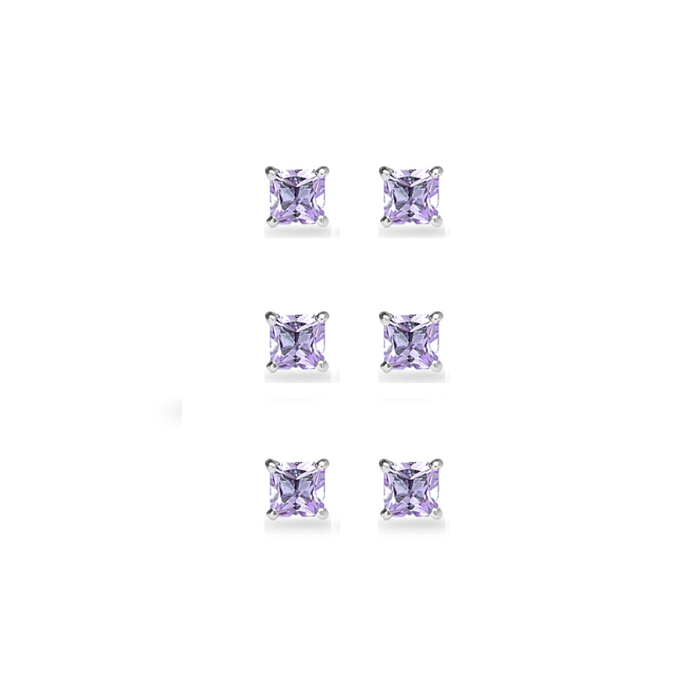 3-Pair Set Sterling Silver Amethyst Princess-Cut 5mm Square Stud Earrings-2
