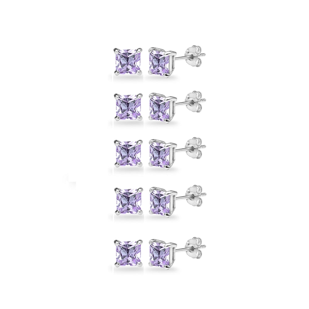 5-Pair Set Sterling Silver Amethyst Princess-Cut 5mm Square Stud Earrings