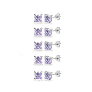 5-Pair Set Sterling Silver Amethyst Princess-Cut 5mm Square Stud Earrings