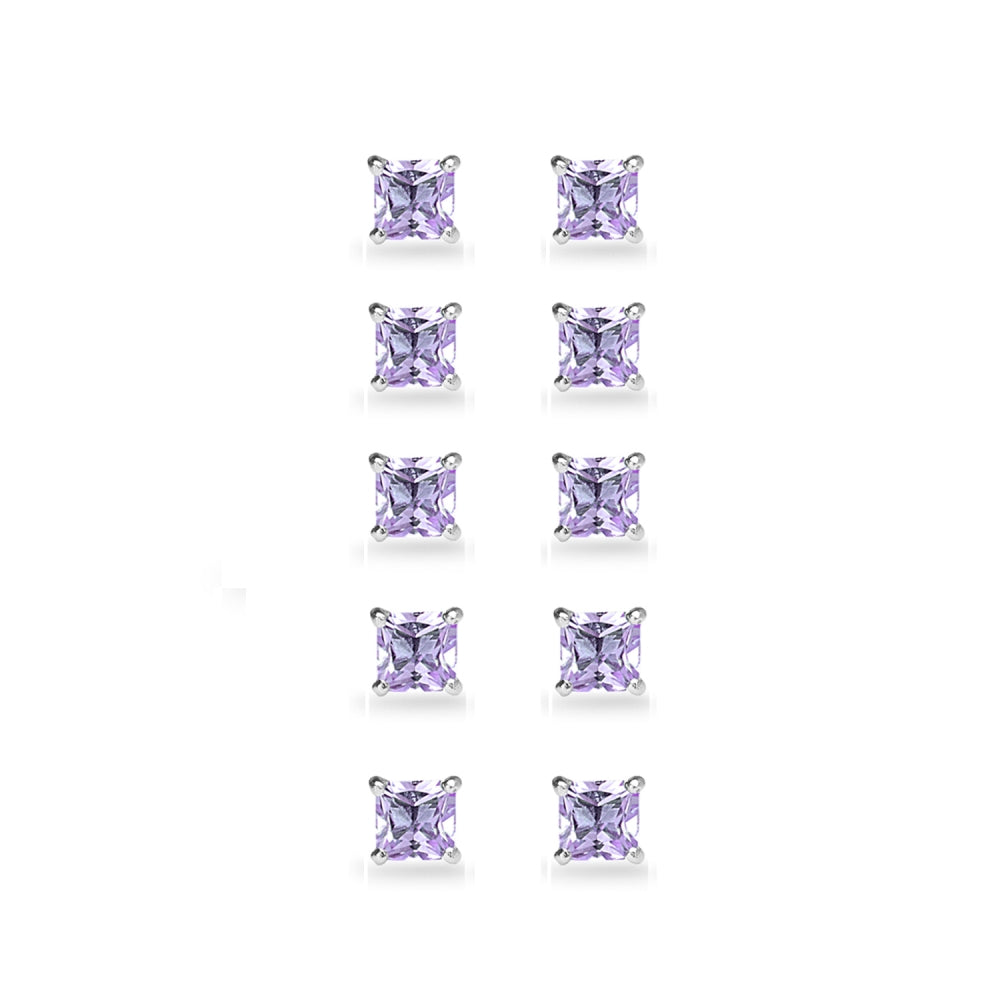 5-Pair Set Sterling Silver Amethyst Princess-Cut 5mm Square Stud Earrings-2