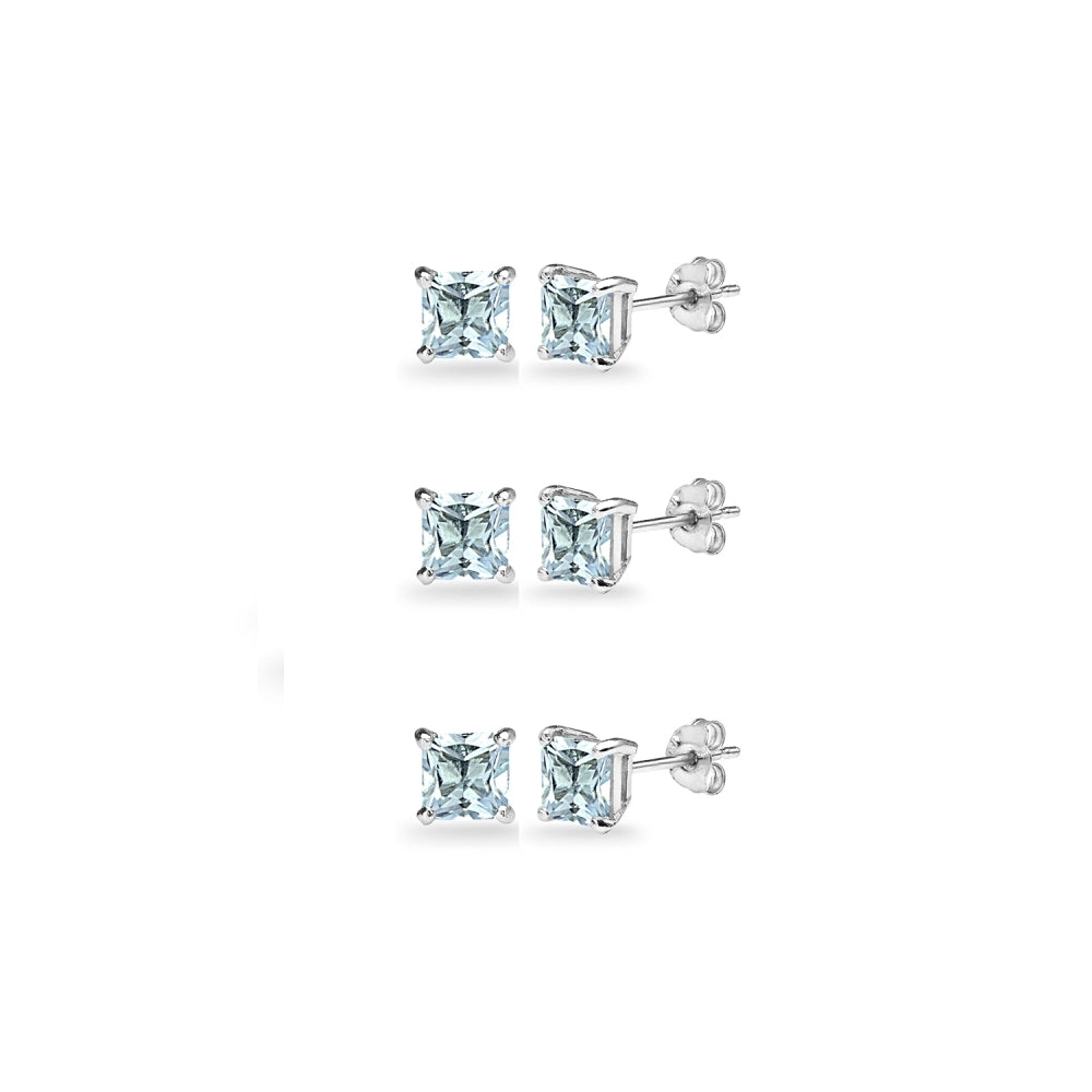 3-Pair Set Sterling Silver Blue Topaz Princess-Cut 5mm Square Stud Earrings