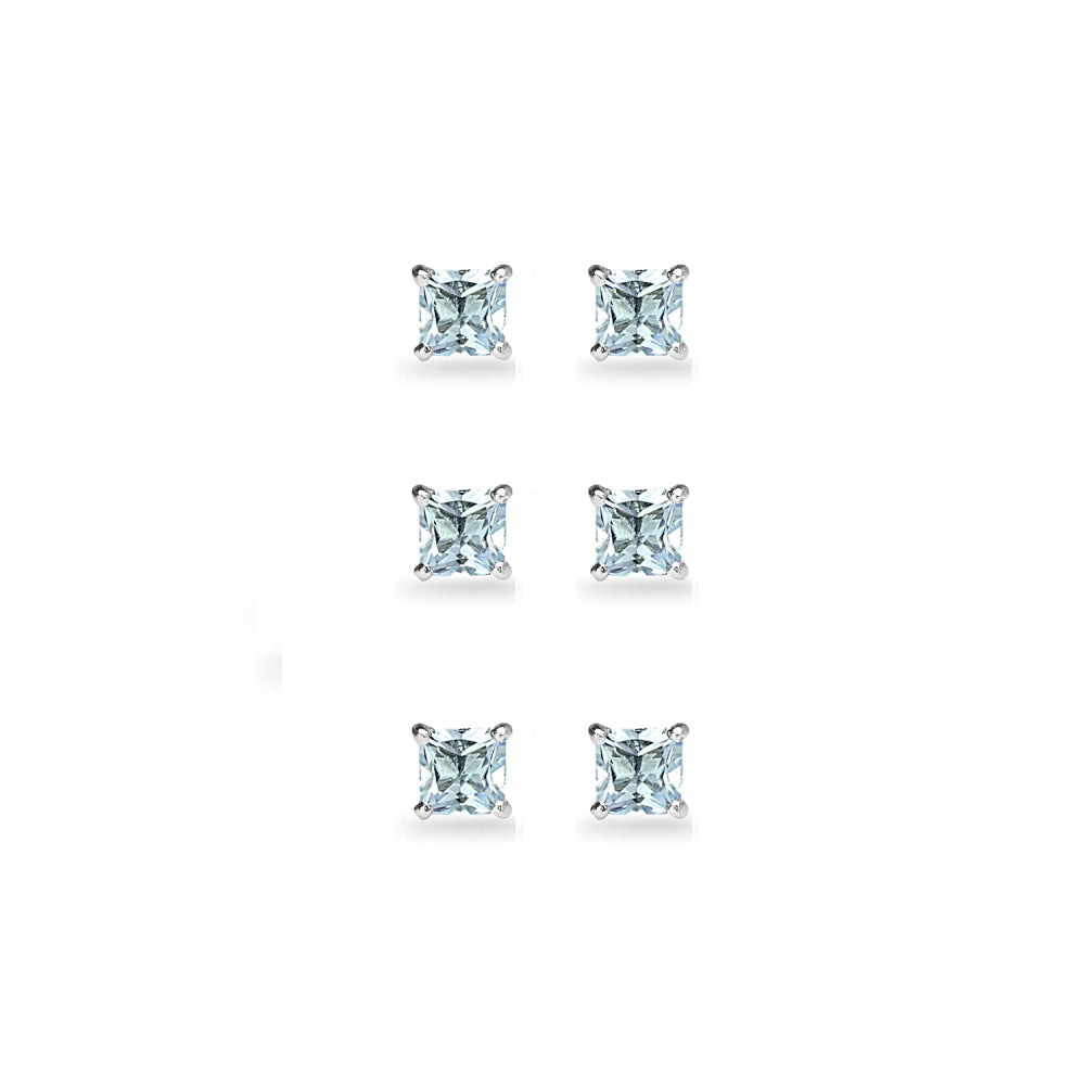 3-Pair Set Sterling Silver Blue Topaz Princess-Cut 5mm Square Stud Earrings-2