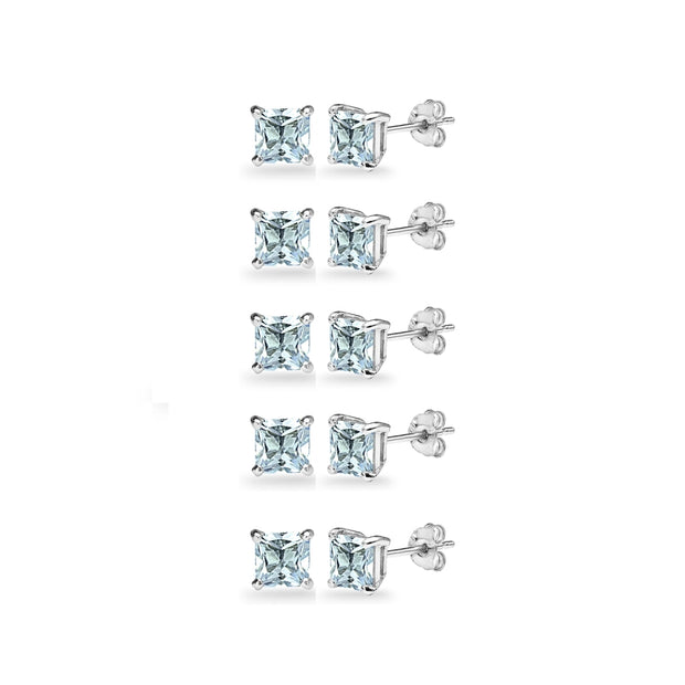 5-Pair Set Sterling Silver Blue Topaz Princess-Cut 5mm Square Stud Earrings