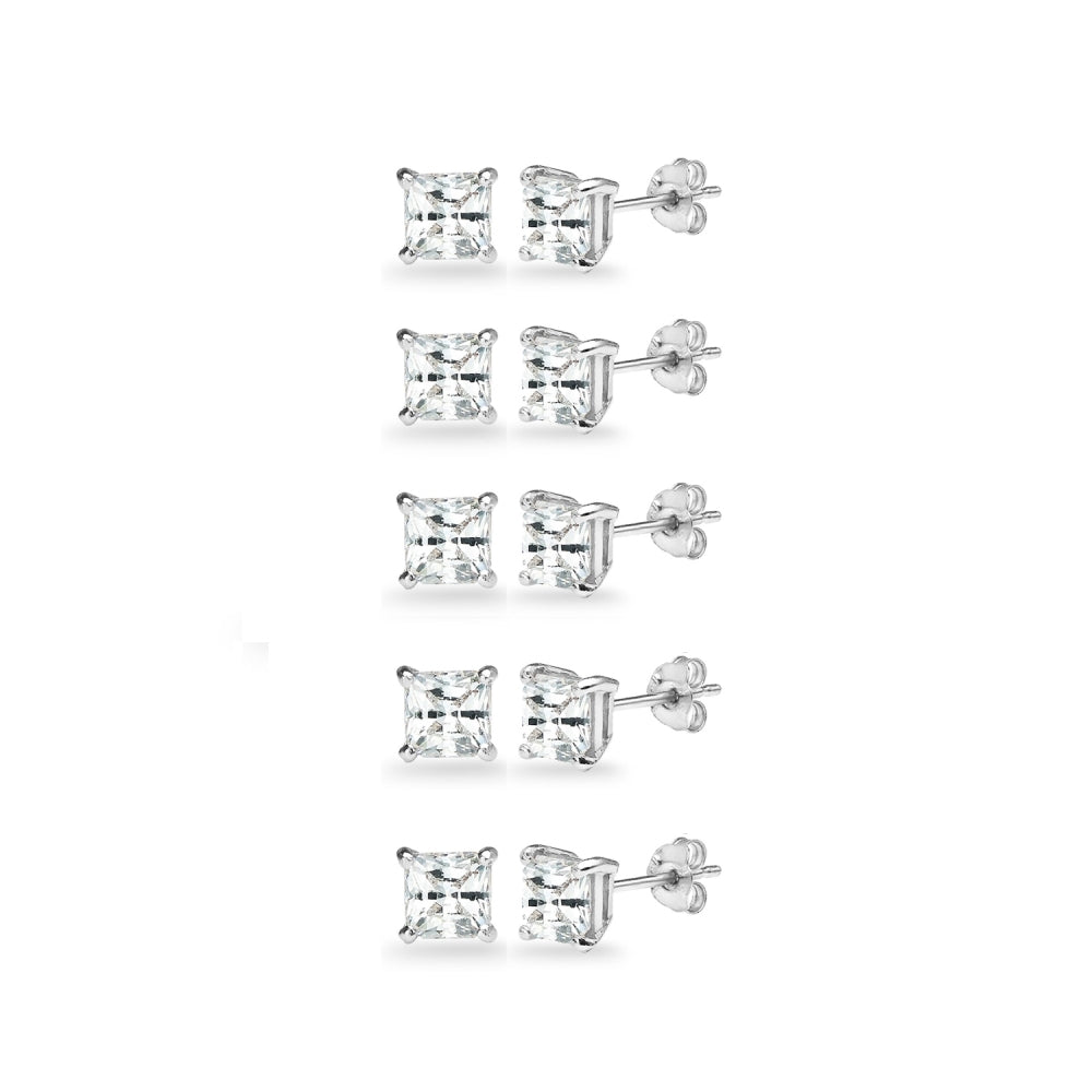 5-Pair Set Sterling Silver White Topaz Princess-Cut 5mm Square Stud Earrings