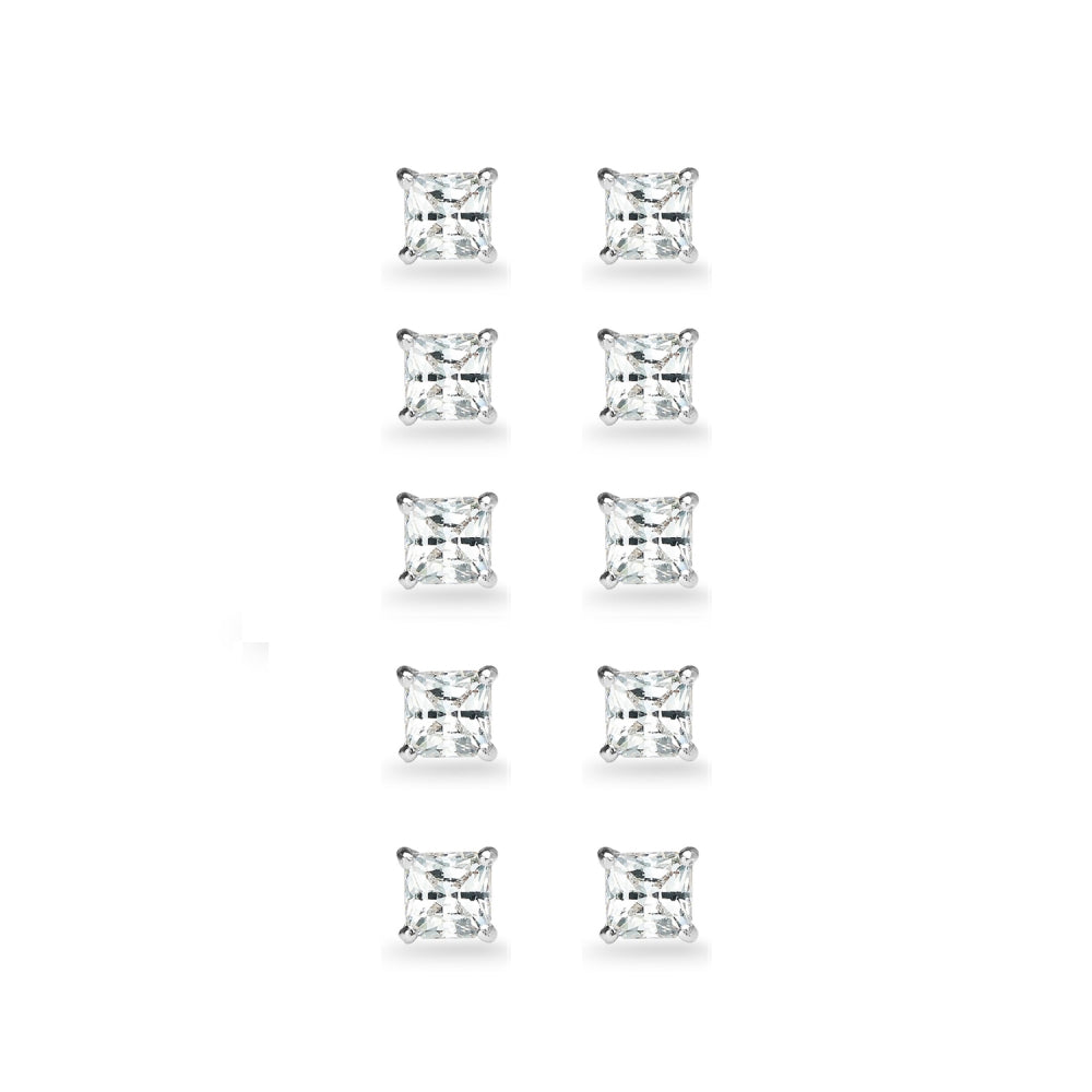 5-Pair Set Sterling Silver White Topaz Princess-Cut 5mm Square Stud Earrings-2
