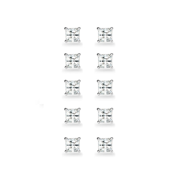 5-Pair Set Sterling Silver White Topaz Princess-Cut 5mm Square Stud Earrings