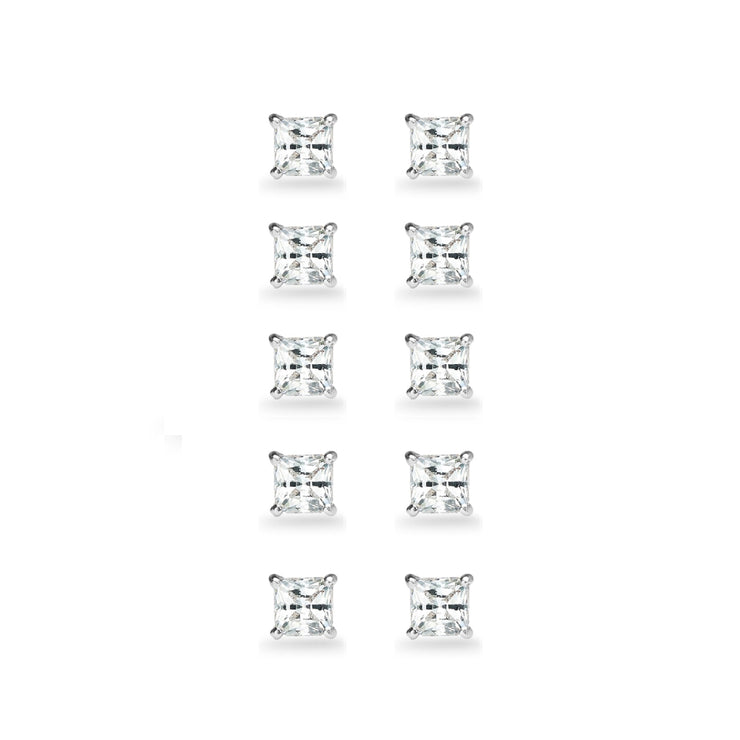 5-Pair Set Sterling Silver White Topaz Princess-Cut 5mm Square Stud Earrings