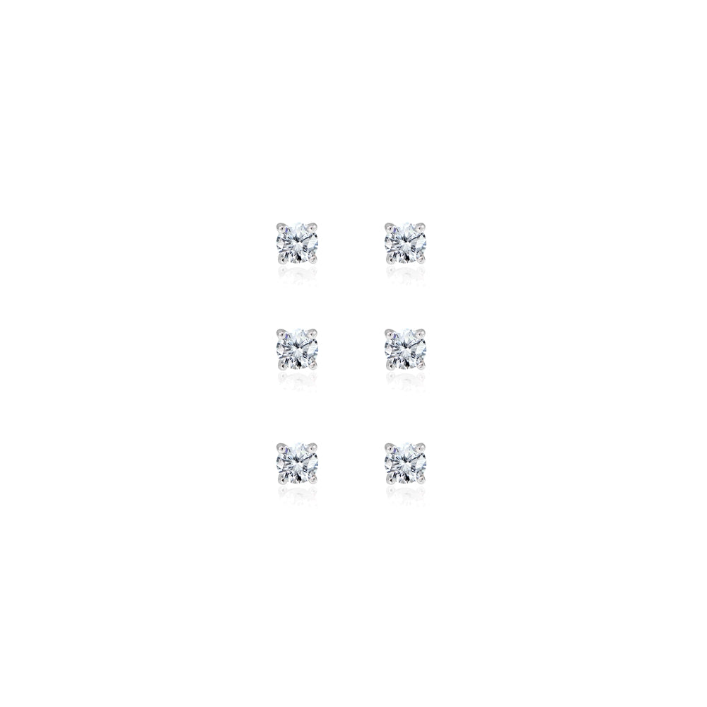 3-Pair Set Sterling Silver Cubic Zirconia 3mm Round Stud Earrings-2