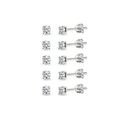 5-Pair Set Sterling Silver Cubic Zirconia 3mm Round Stud Earrings