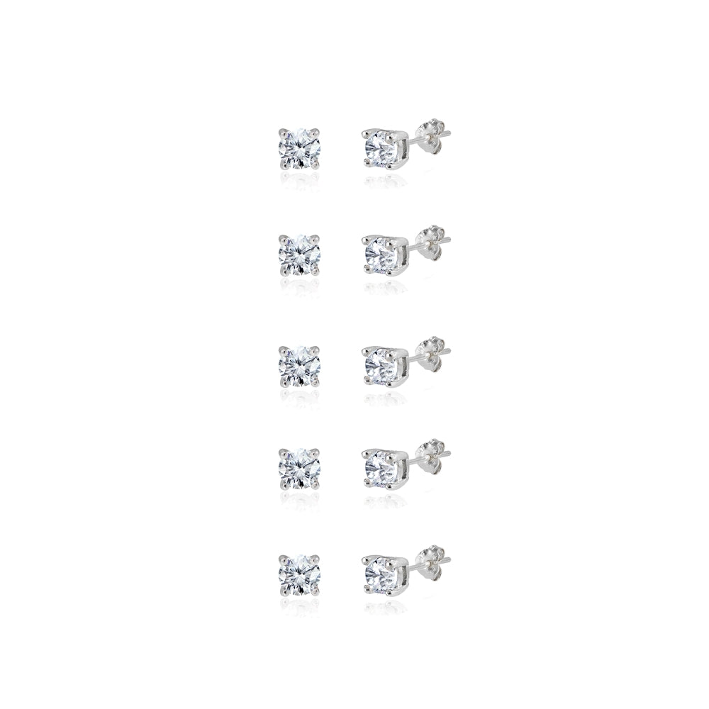 5-Pair Set Sterling Silver Cubic Zirconia 3mm Round Stud Earrings-2