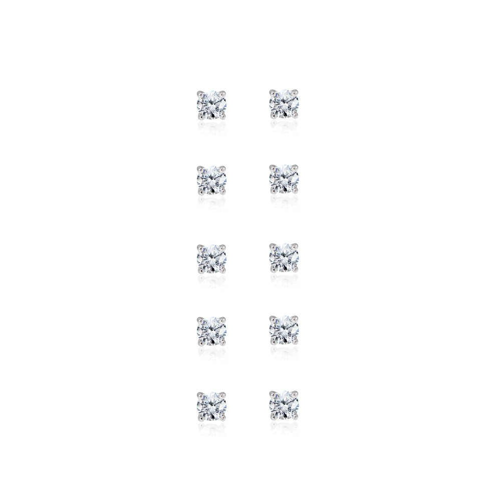 5-Pair Set Sterling Silver Cubic Zirconia 3mm Round Stud Earrings-3