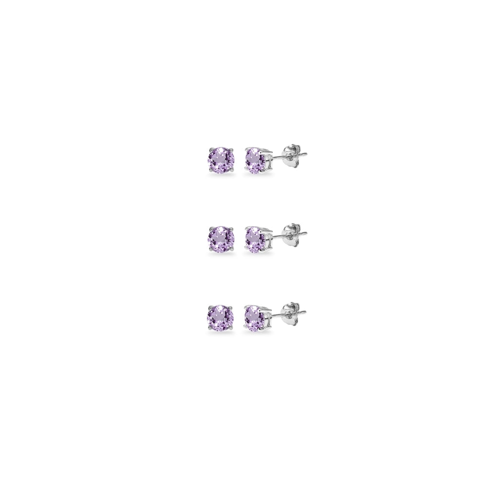 3-Pair Set Sterling Silver Amethyst 3mm Round Stud Earrings