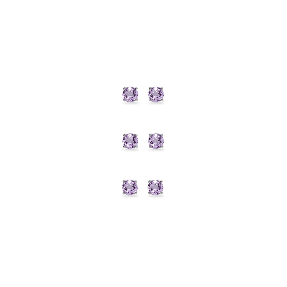 3-Pair Set Sterling Silver Amethyst 3mm Round Stud Earrings-2