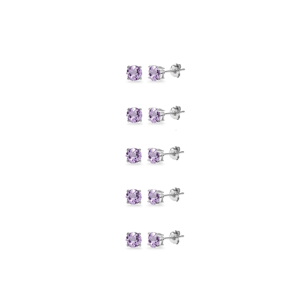 5-Pair Set Sterling Silver Amethyst 3mm Round Stud Earrings