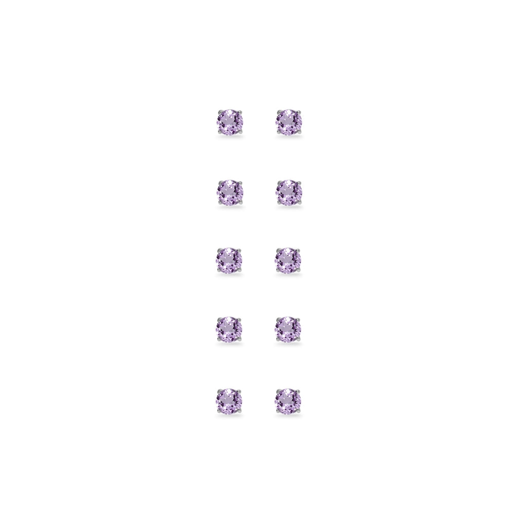 5-Pair Set Sterling Silver Amethyst 3mm Round Stud Earrings-2