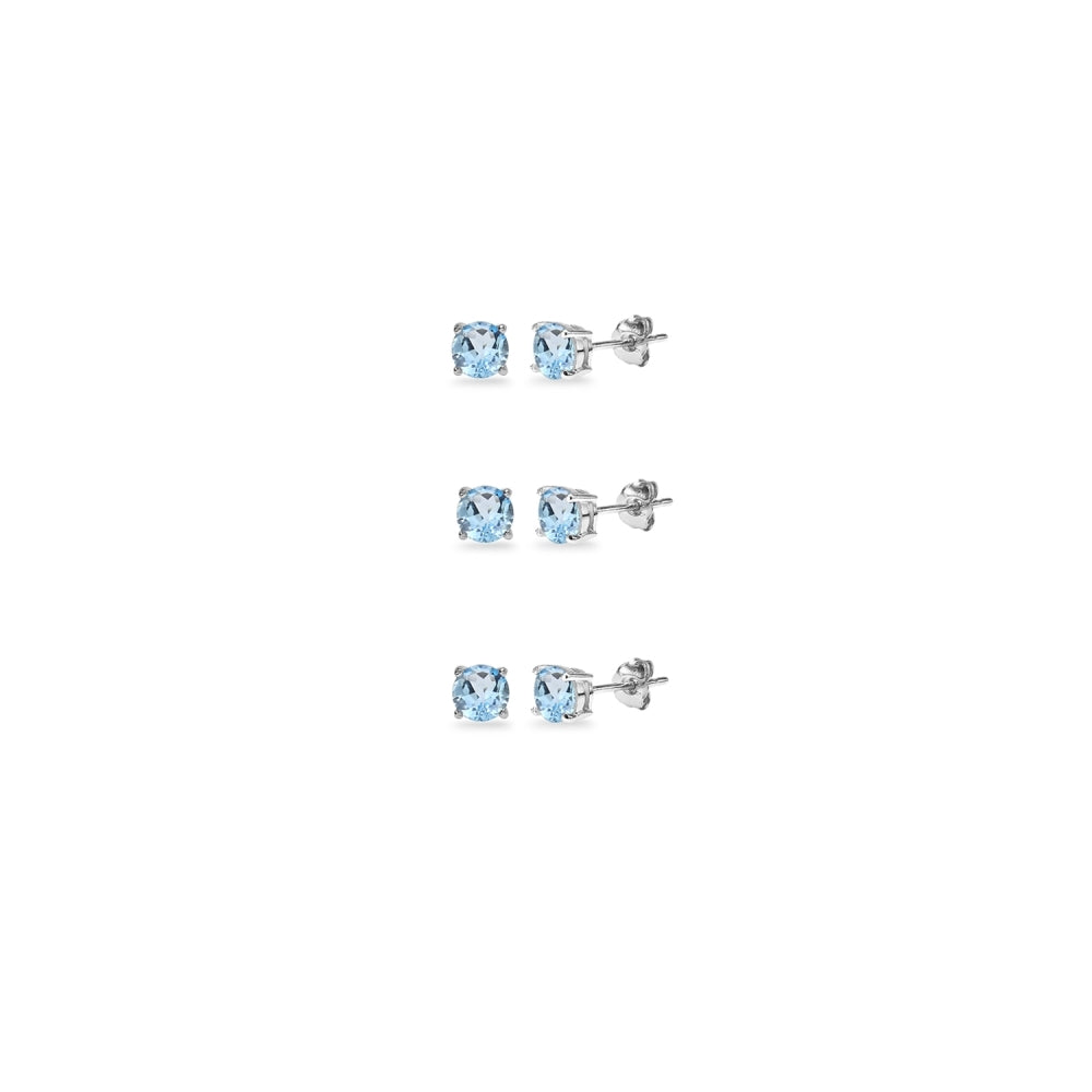 3-Pair Set Sterling Silver Blue Topaz 3mm Round Stud Earrings
