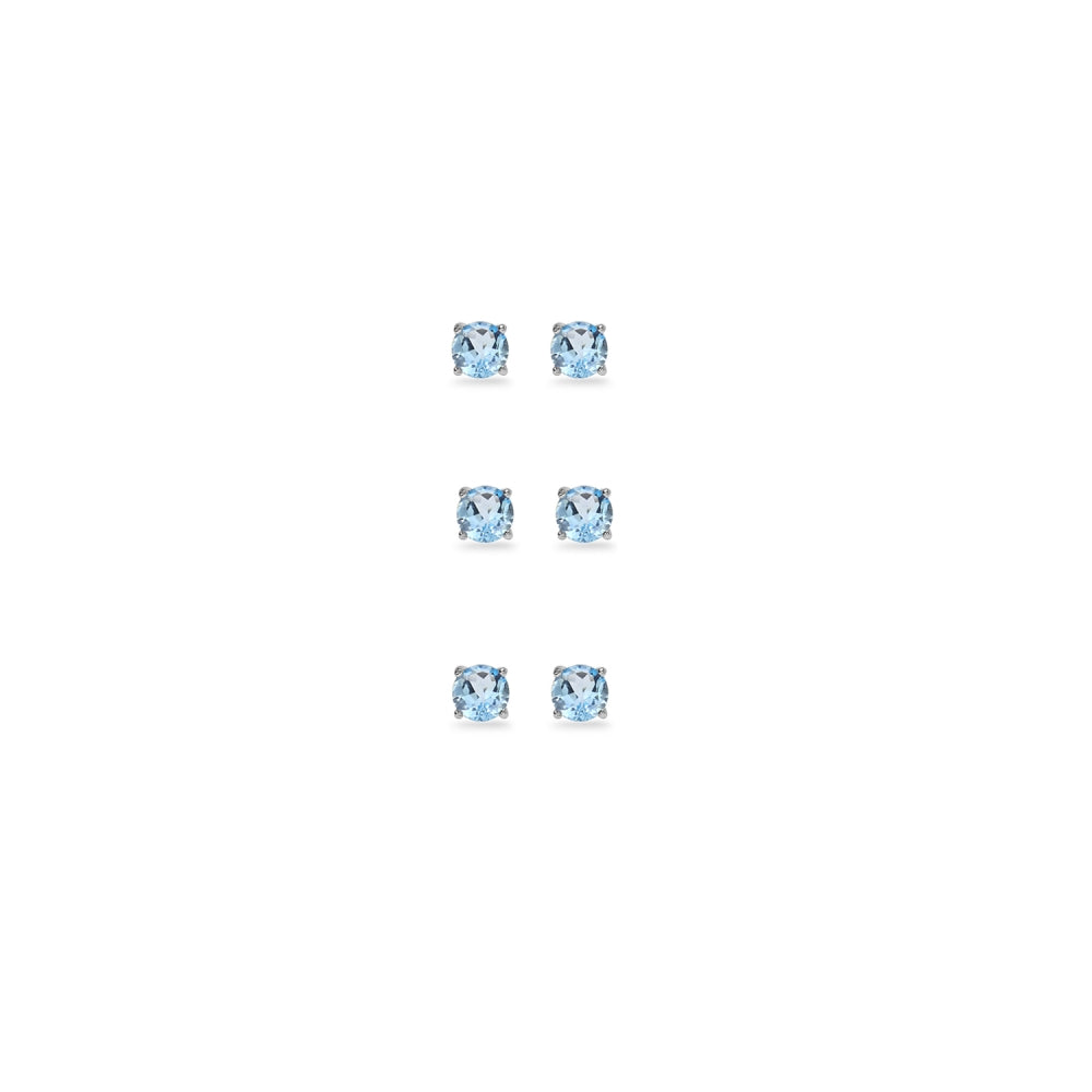 3-Pair Set Sterling Silver Blue Topaz 3mm Round Stud Earrings-2