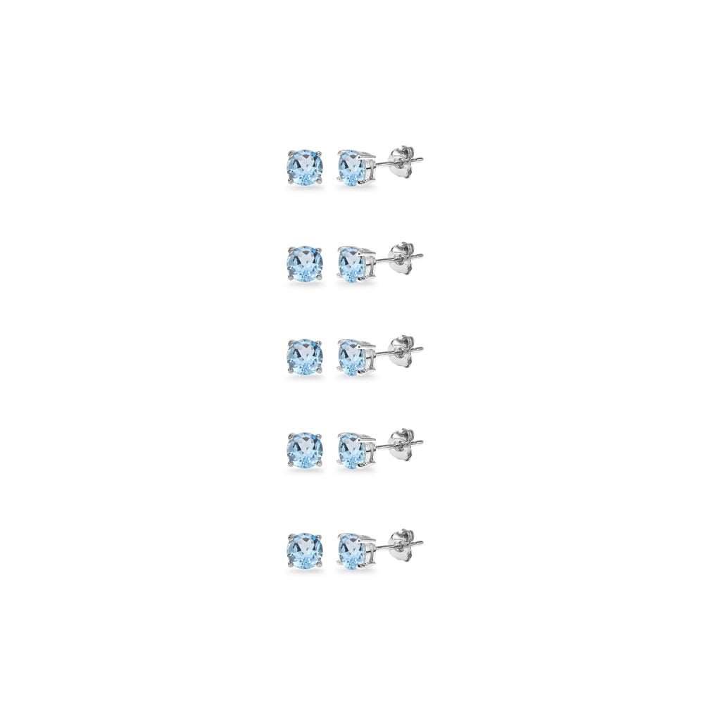 5-Pair Set Sterling Silver Blue Topaz 3mm Round Stud Earrings