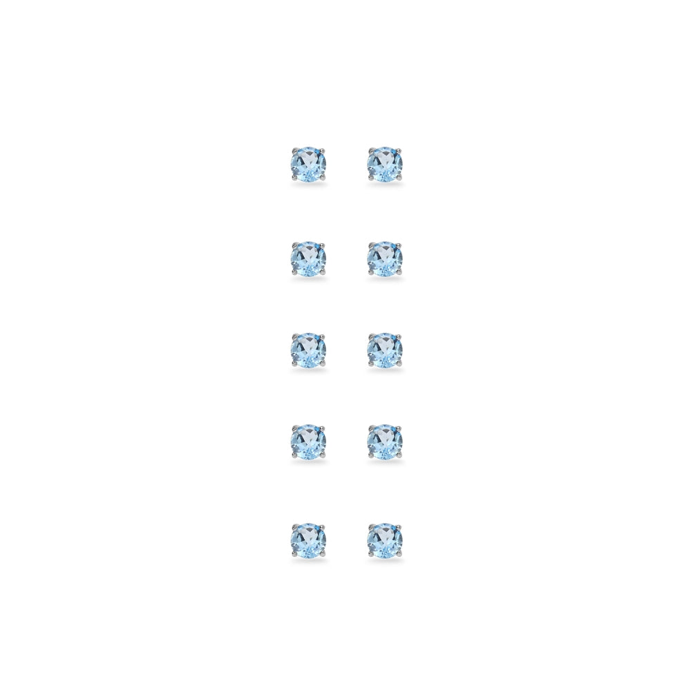 5-Pair Set Sterling Silver Blue Topaz 3mm Round Stud Earrings-2